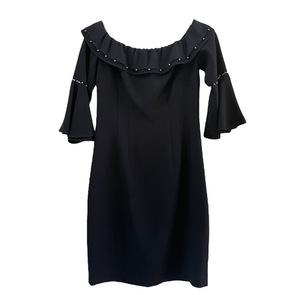 Elie Tahari Bell Sleeve Off Shoulder Black Cocktail Dress Size 4 - Picture 1 of 6